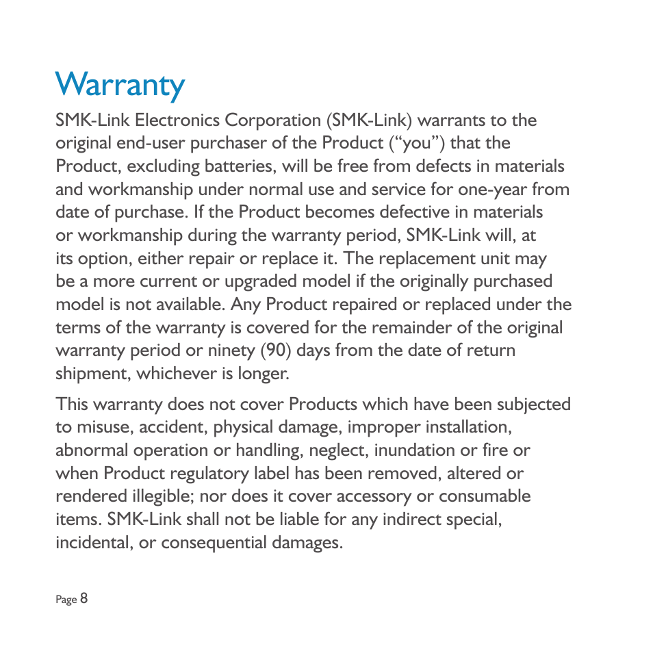 Warranty | SMK-Link Electronics Blu-Link™ Folding Bluetooth Keyboard and Tablet Stand User Manual | Page 10 / 16