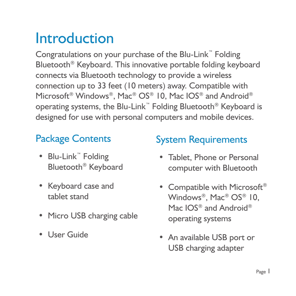 Introduction, Package contents, System requirements | SMK-Link Electronics Blu-Link™ Folding Bluetooth Keyboard and Tablet Stand User Manual | Page 3 / 16