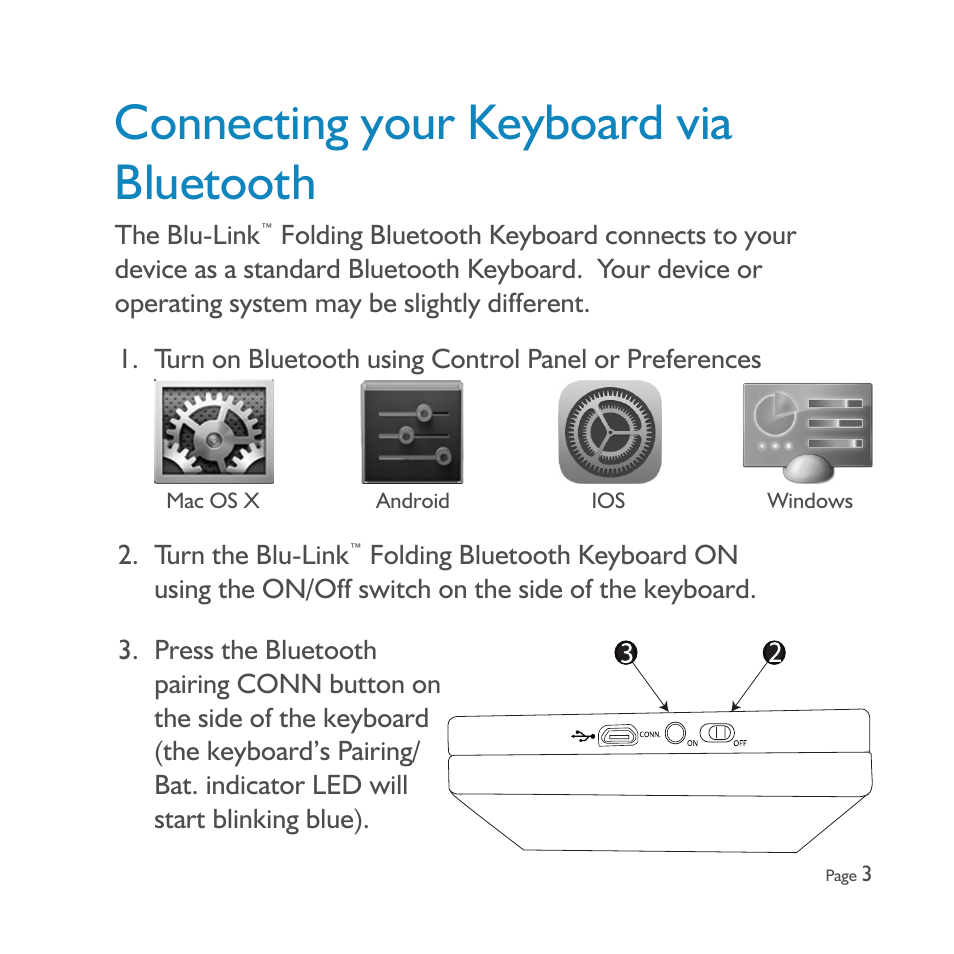Connecting your keyboard via bluetooth | SMK-Link Electronics Blu-Link™ Folding Bluetooth Keyboard and Tablet Stand User Manual | Page 5 / 16