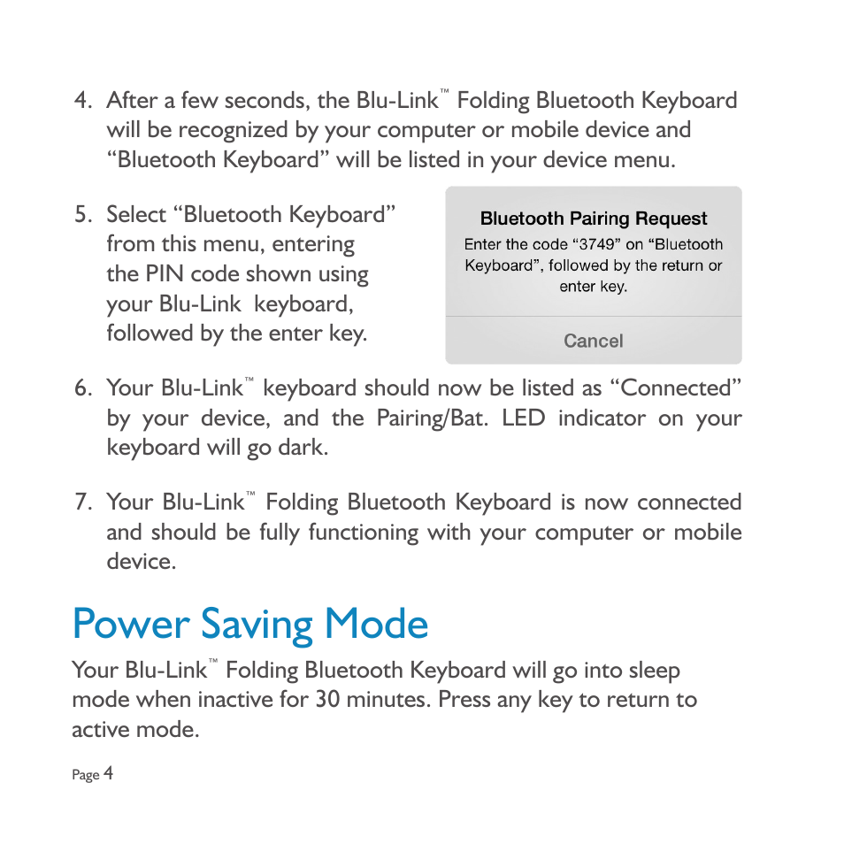 Power saving mode | SMK-Link Electronics Blu-Link™ Folding Bluetooth Keyboard and Tablet Stand User Manual | Page 6 / 16