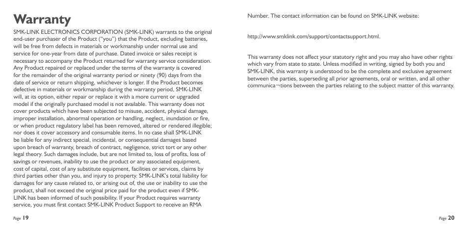Warranty | SMK-Link Electronics Nano Dongle Bluetooth v4.0 LE+EDR User Manual | Page 11 / 13