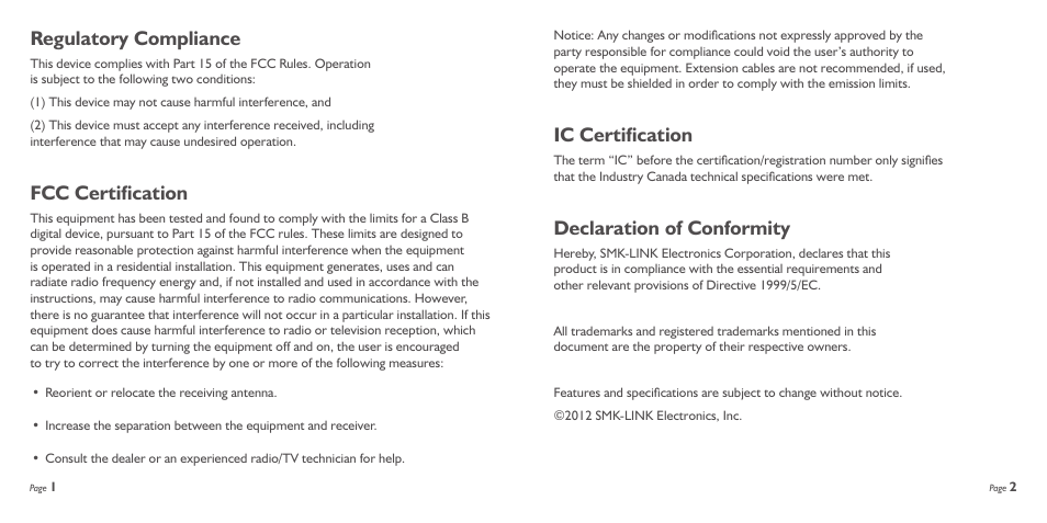 Regulatory compliance, Fcc certification, Ic certification | Declaration of conformity | SMK-Link Electronics Nano Dongle Bluetooth v4.0 LE+EDR User Manual | Page 2 / 13