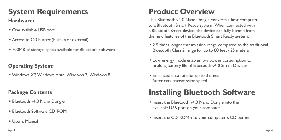 Product overview, Installing bluetooth software, System requirements | SMK-Link Electronics Nano Dongle Bluetooth v4.0 LE+EDR User Manual | Page 3 / 13