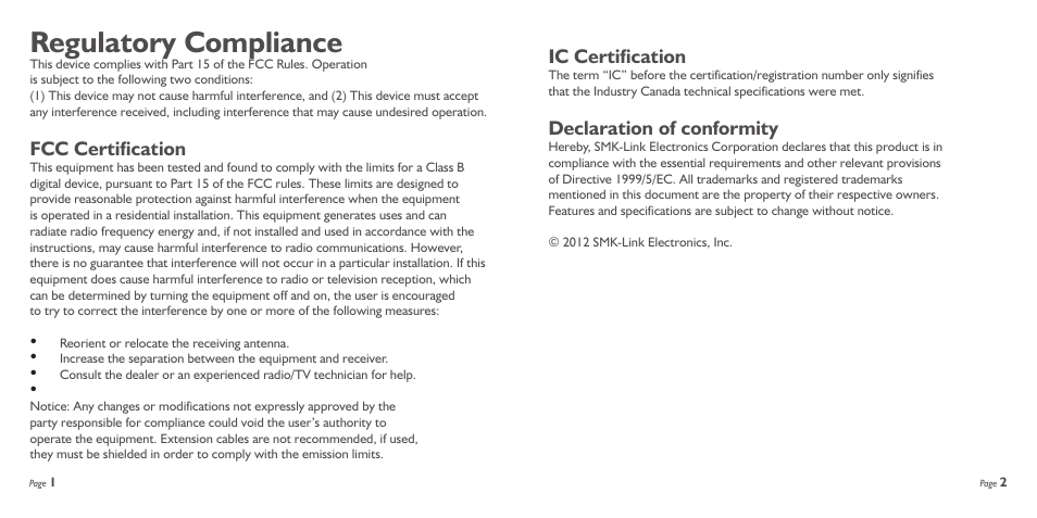 Regulatory compliance, Ic certification, Declaration of conformity | Fcc certification | SMK-Link Electronics RemotePoint Wireless Navigator Suite User Manual | Page 2 / 11