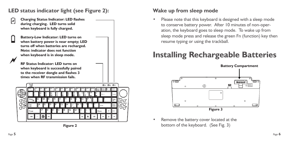 Installing rechargeable batteries, Wake up from sleep mode, Led status indicator light (see figure 2) | SMK-Link Electronics RemotePoint Wireless Navigator Suite User Manual | Page 4 / 11