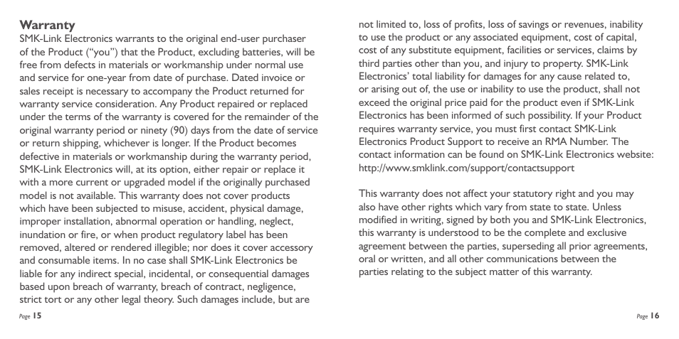 Warranty | SMK-Link Electronics RemotePoint Wireless Navigator Suite User Manual | Page 9 / 11