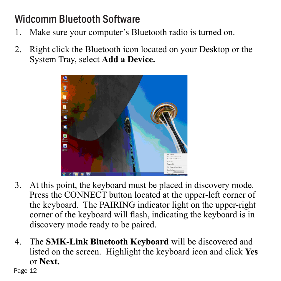 Widcomm bluetooth software | SMK-Link Electronics VersaPoint Bluetooth Slim Keyboard User Manual | Page 12 / 23
