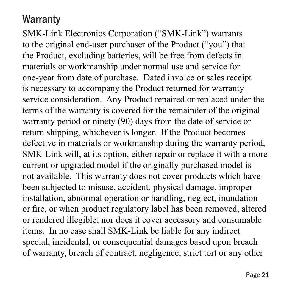Warranty | SMK-Link Electronics VersaPoint Bluetooth Slim Keyboard User Manual | Page 21 / 23