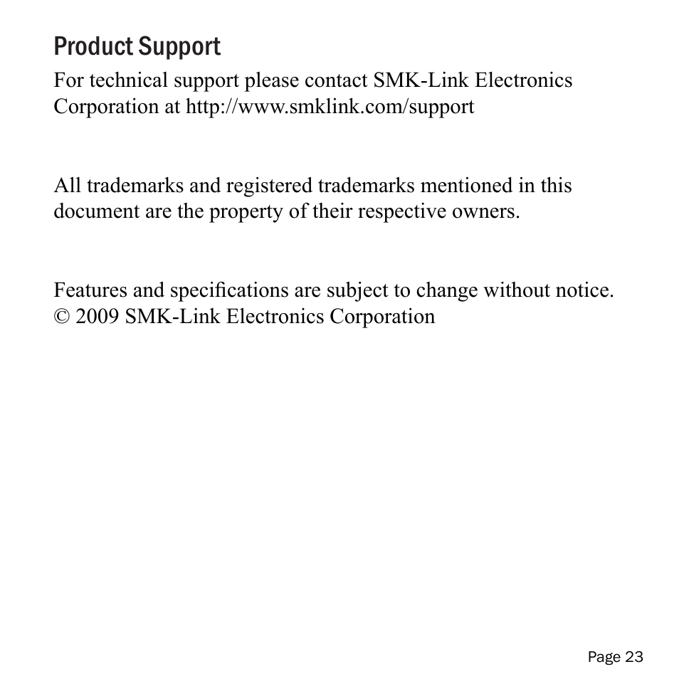 Product support | SMK-Link Electronics VersaPoint Bluetooth Slim Keyboard User Manual | Page 23 / 23