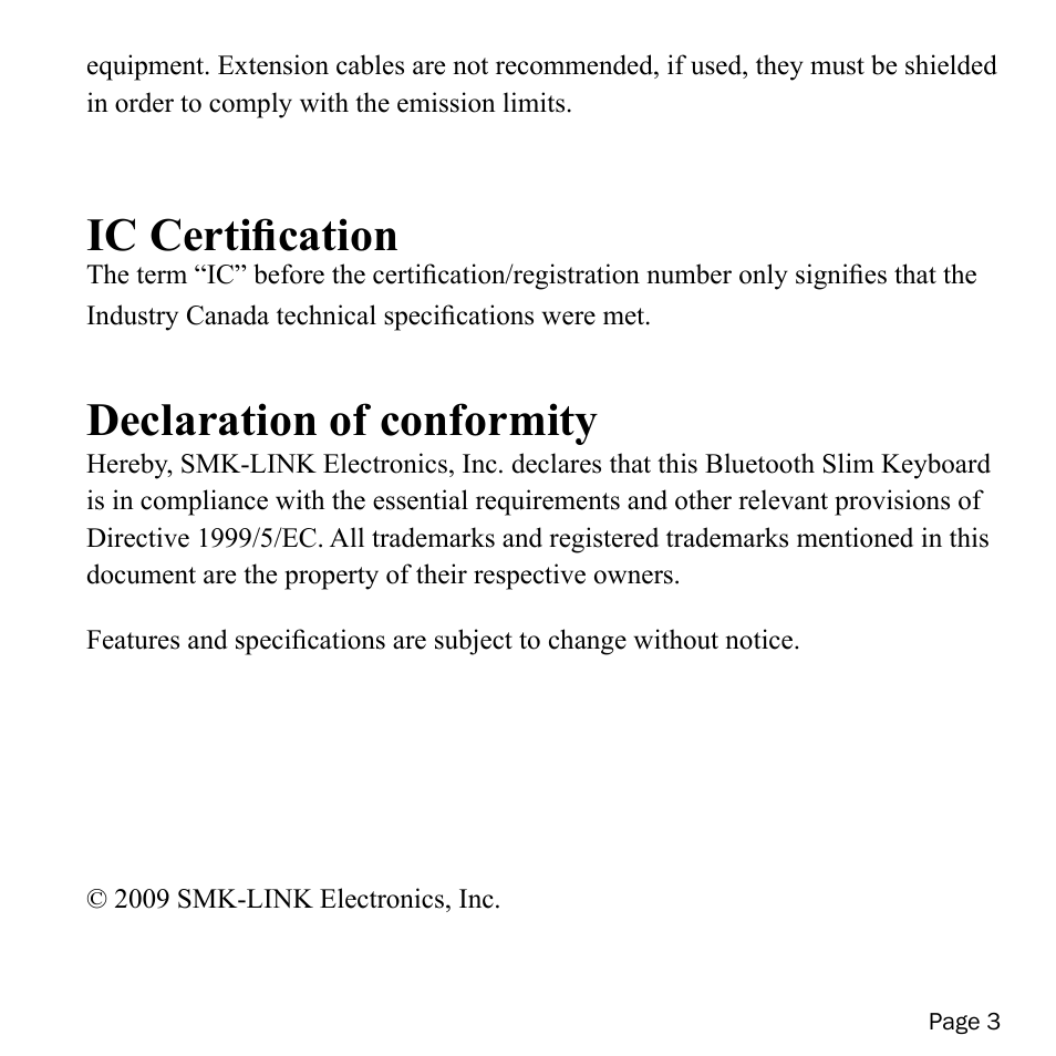 Ic certification, Declaration of conformity | SMK-Link Electronics VersaPoint Bluetooth Slim Keyboard User Manual | Page 3 / 23