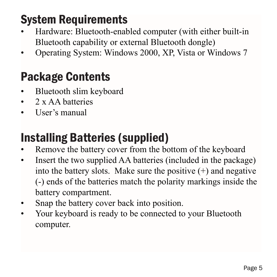 System requirements, Package contents, Installing batteries (supplied) | SMK-Link Electronics VersaPoint Bluetooth Slim Keyboard User Manual | Page 5 / 23