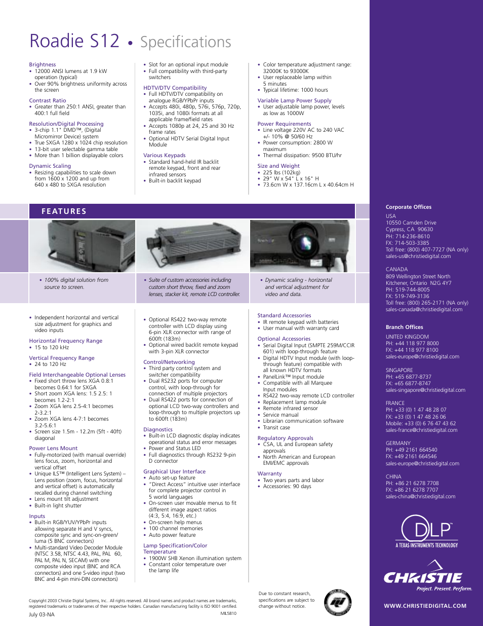 Roadie s12, Specifications | Christie Digital Systems ROADIE S12 User Manual | Page 2 / 2