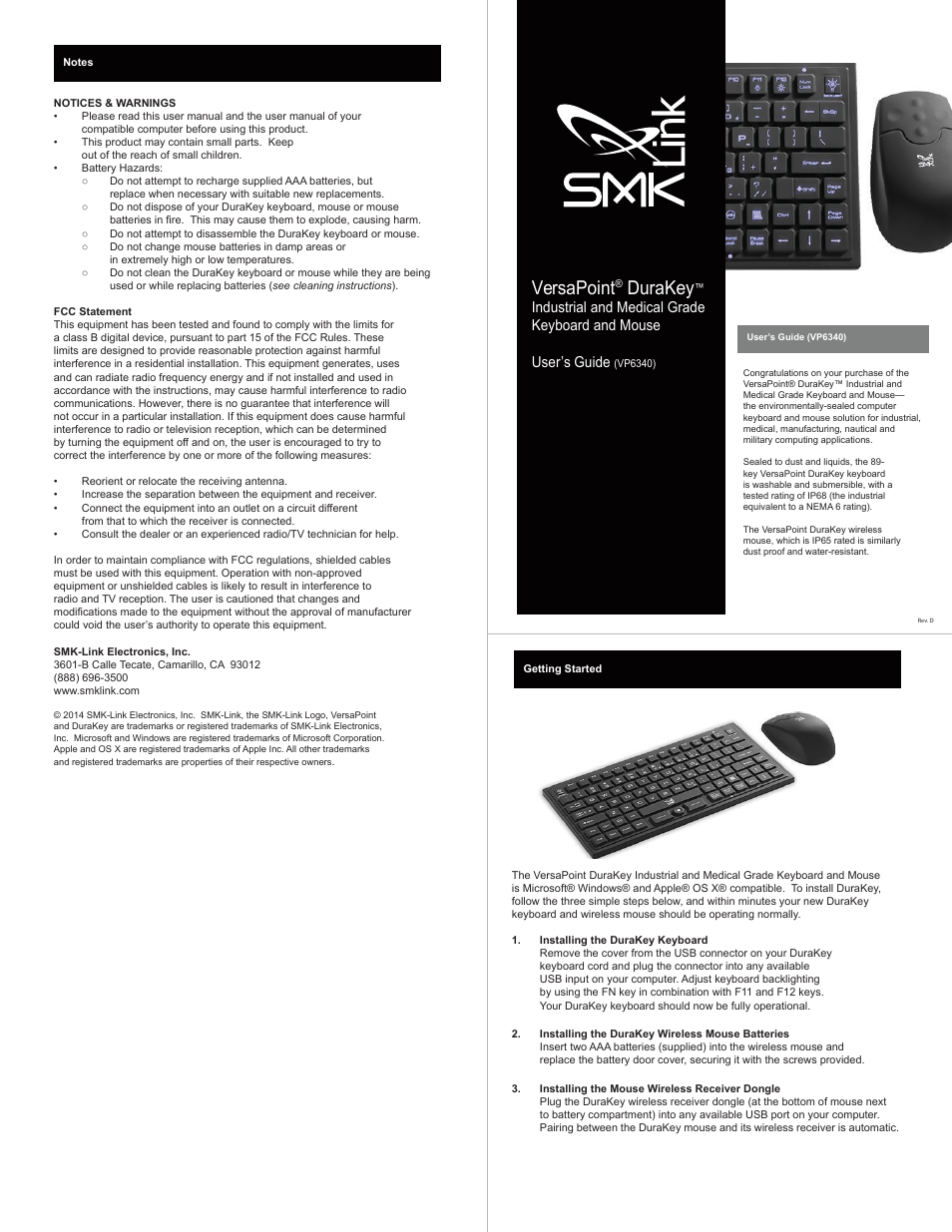 SMK-Link Electronics VersaPoint DuraKey Industrial & Medical Grade Keyboard and Mouse User Manual | 2 pages