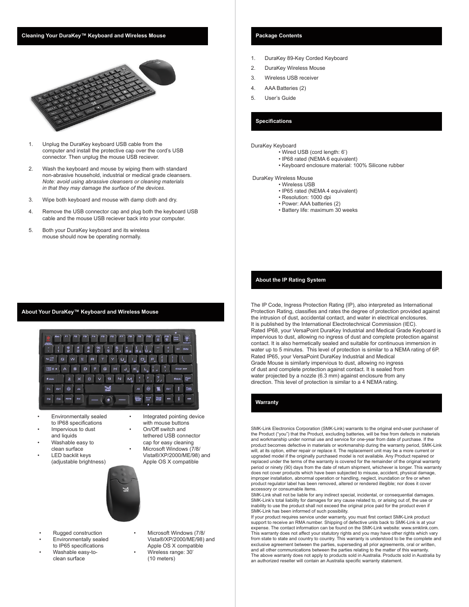 SMK-Link Electronics VersaPoint DuraKey Industrial & Medical Grade Keyboard and Mouse User Manual | Page 2 / 2