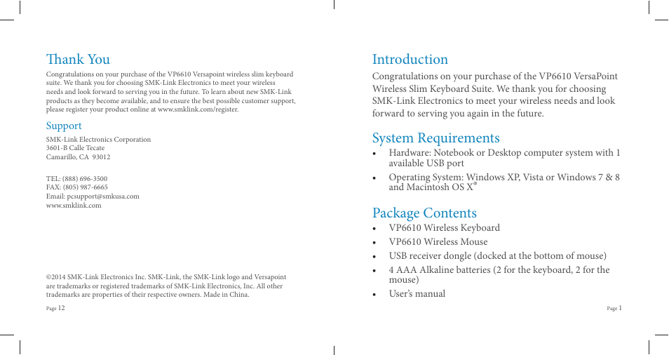 Th ank you, Introduction, System requirements | Package contents | SMK-Link Electronics VersaPoint Wireless Slim Desktop Suite User Manual | Page 3 / 8
