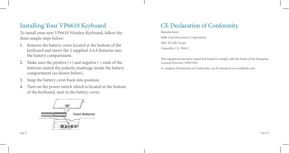 Installing your vp6610 keyboard, Ce declaration of conformity | SMK-Link Electronics VersaPoint Wireless Slim Desktop Suite User Manual | Page 4 / 8