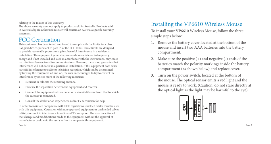 Fcc certiciation, Installing the vp6610 wireless mouse | SMK-Link Electronics VersaPoint Wireless Slim Desktop Suite User Manual | Page 5 / 8
