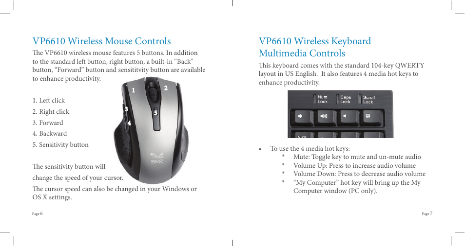 Vp6610 wireless mouse controls, Vp6610 wireless keyboard multimedia controls | SMK-Link Electronics VersaPoint Wireless Slim Desktop Suite User Manual | Page 8 / 8