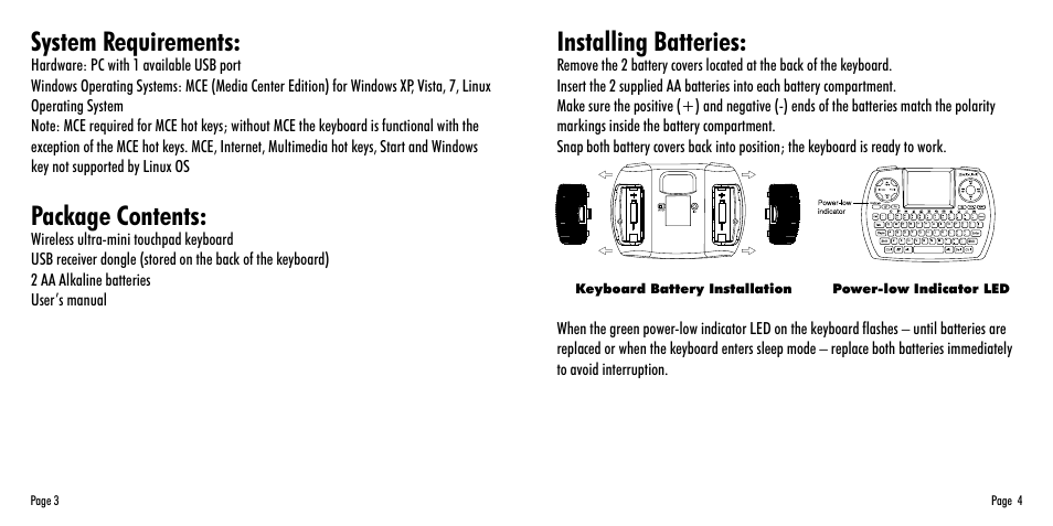 System requirements, Package contents, Installing batteries | SMK-Link Electronics Wireless Ultra-Mini Touchpad Keyboard for Mac User Manual | Page 3 / 11