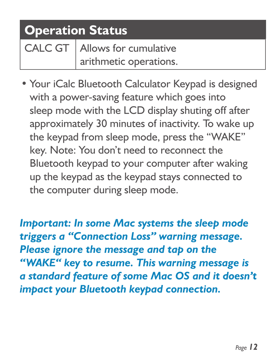 Operation status | SMK-Link Electronics iCalcTM Bluetooth® Calculator Keypad User Manual | Page 13 / 20