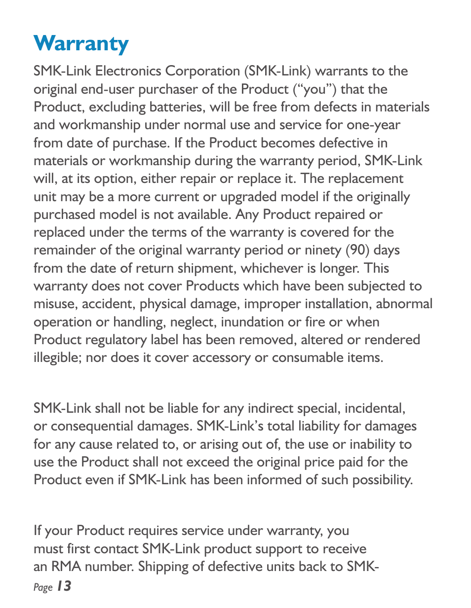 Warranty | SMK-Link Electronics iCalcTM Bluetooth® Calculator Keypad User Manual | Page 14 / 20
