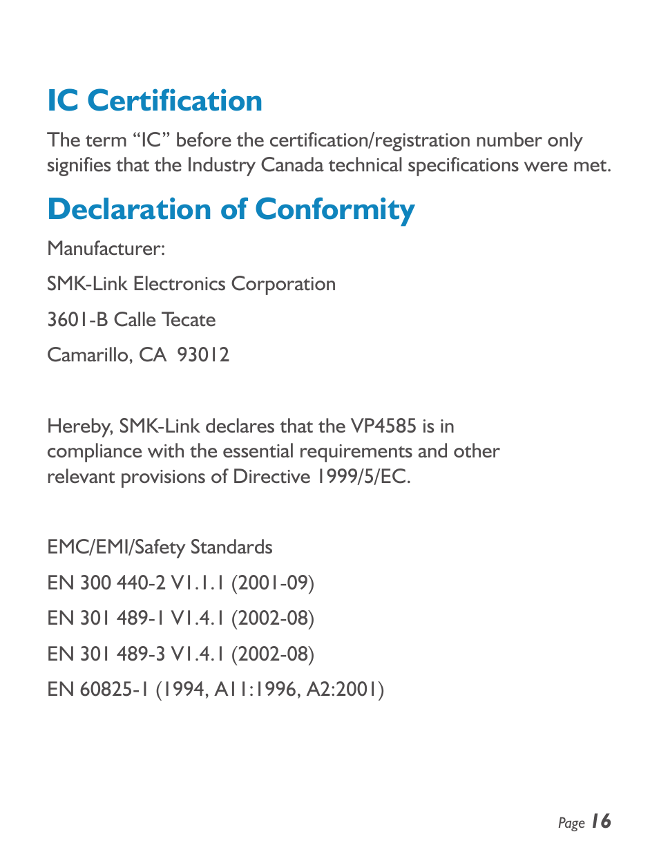 Ic certification, Declaration of conformity | SMK-Link Electronics iCalcTM Bluetooth® Calculator Keypad User Manual | Page 17 / 20
