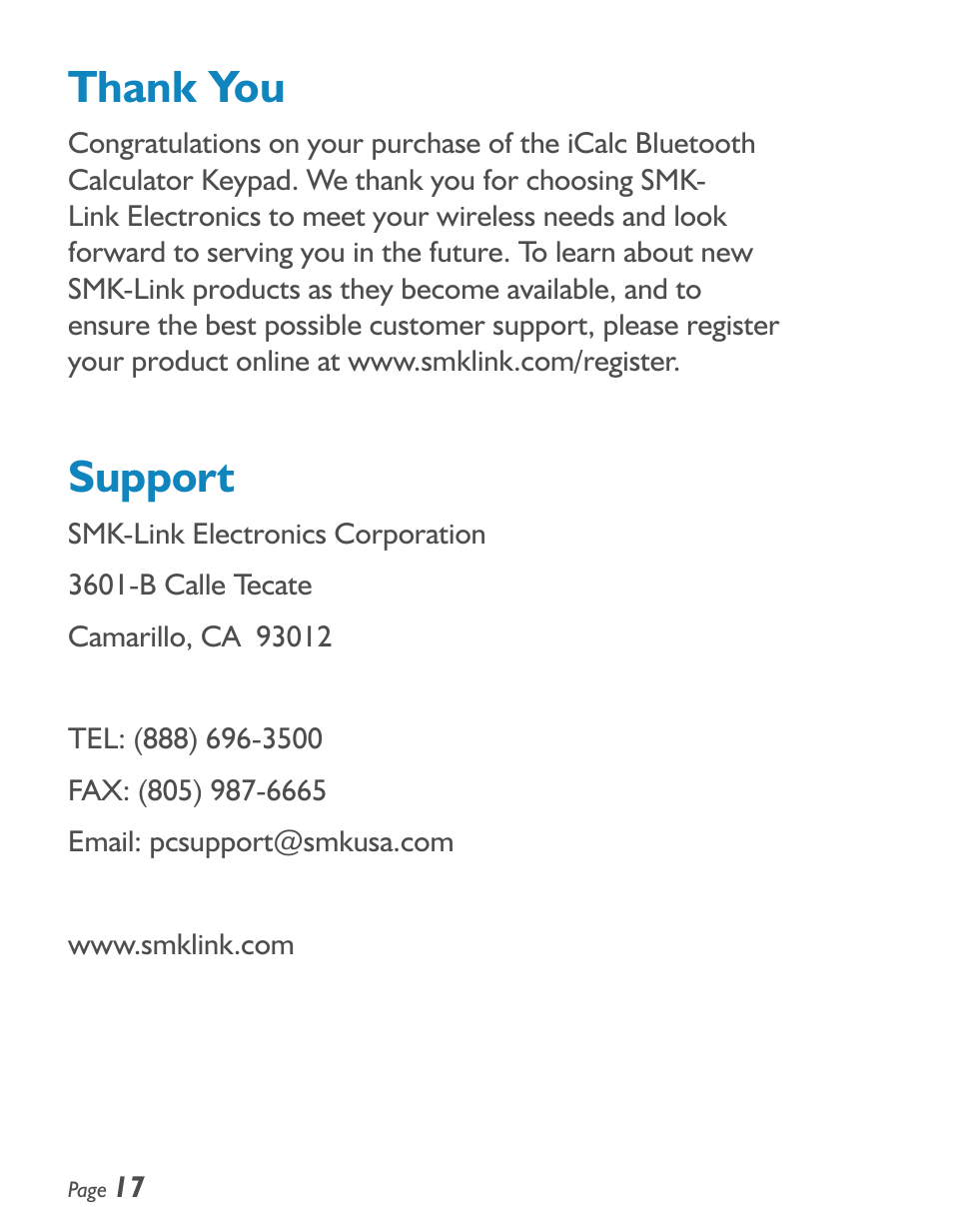 Support | SMK-Link Electronics iCalcTM Bluetooth® Calculator Keypad User Manual | Page 18 / 20