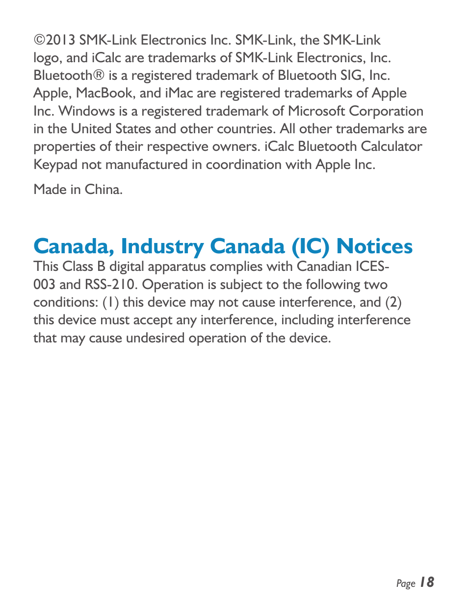 Canada, industry canada (ic) notices | SMK-Link Electronics iCalcTM Bluetooth® Calculator Keypad User Manual | Page 19 / 20