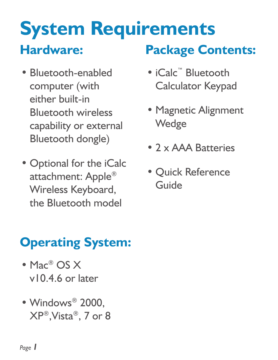 System requirements, Hardware, Operating system | Package contents | SMK-Link Electronics iCalcTM Bluetooth® Calculator Keypad User Manual | Page 2 / 20