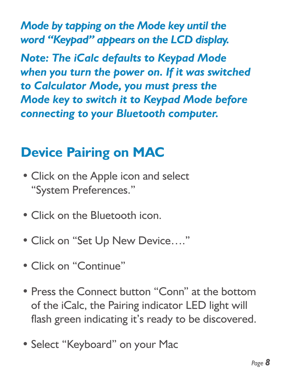 Device pairing on mac | SMK-Link Electronics iCalcTM Bluetooth® Calculator Keypad User Manual | Page 9 / 20