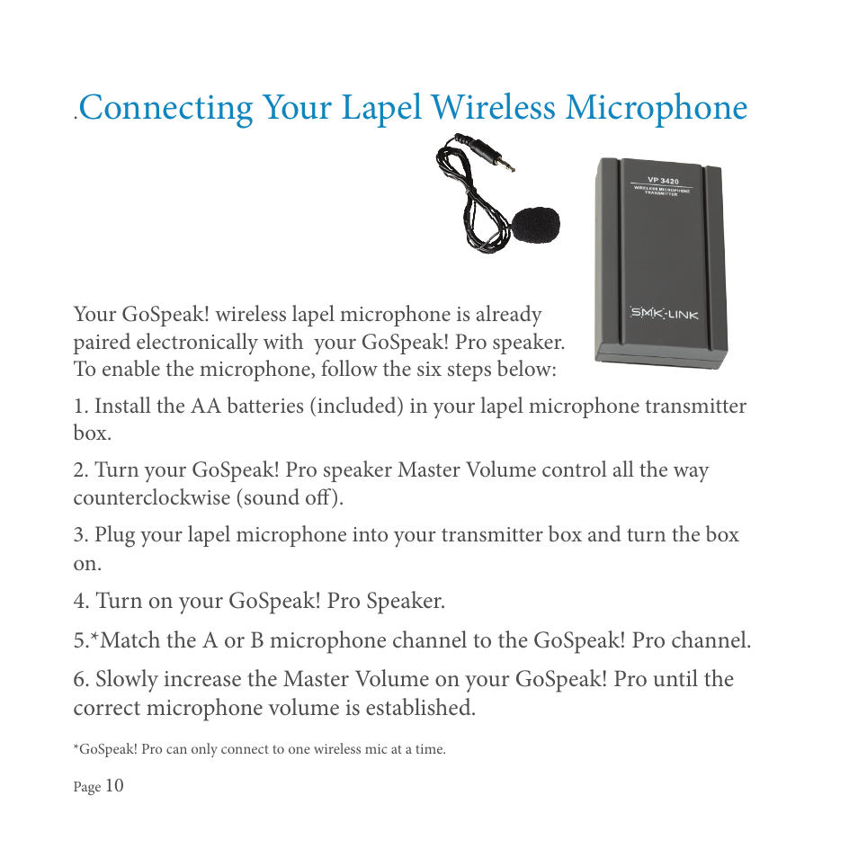 Connecting your lapel wireless microphone | SMK-Link Electronics GoSpeak! Pro User Manual | Page 12 / 20