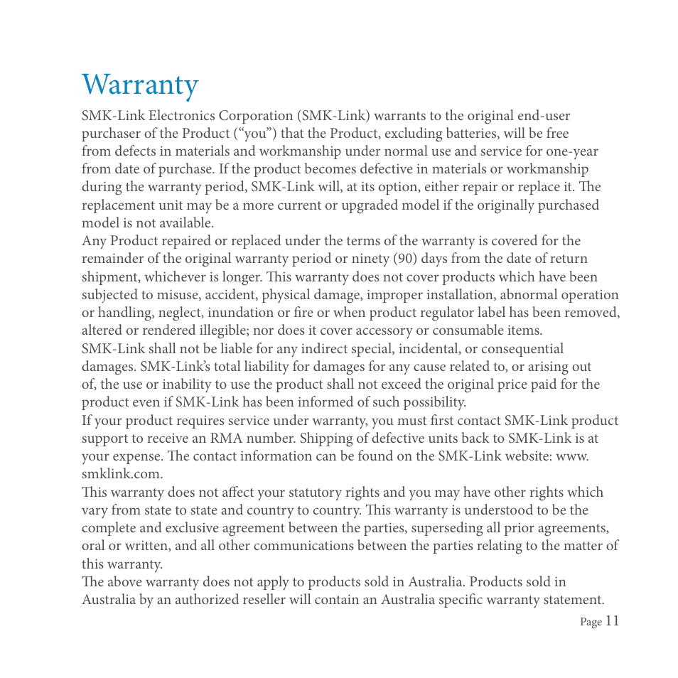 Warranty | SMK-Link Electronics GoSpeak! Pro User Manual | Page 13 / 20