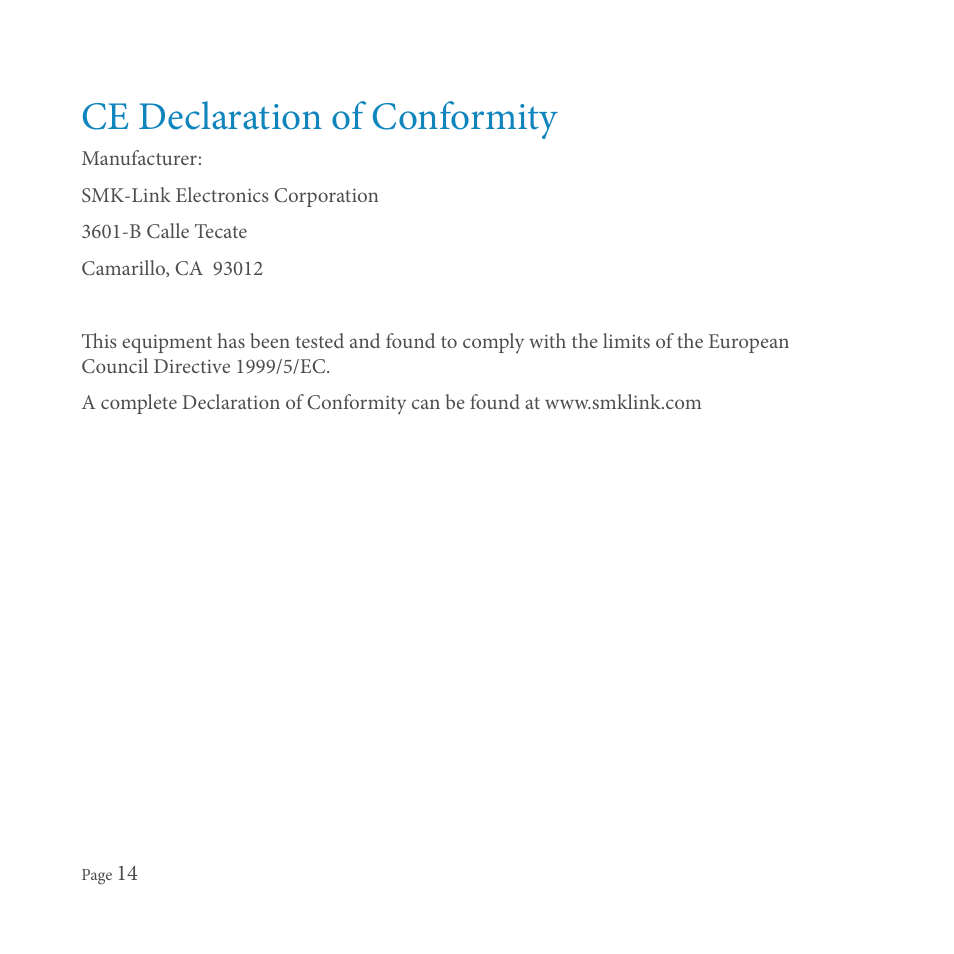 Ce declaration of conformity | SMK-Link Electronics GoSpeak! Pro User Manual | Page 16 / 20