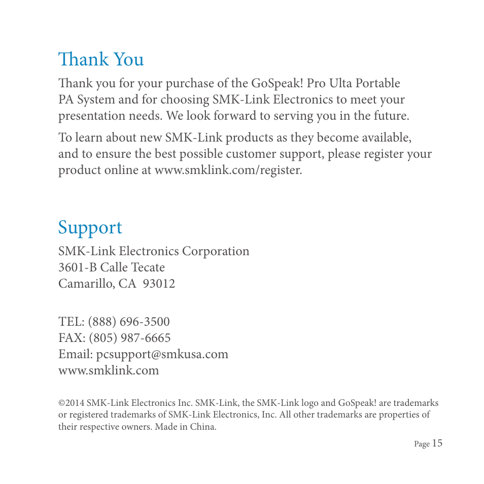 Support | SMK-Link Electronics GoSpeak! Pro User Manual | Page 17 / 20