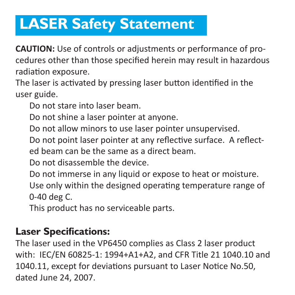 Laser safety statement | SMK-Link Electronics Presentation Pilot Pro User Manual | Page 2 / 8