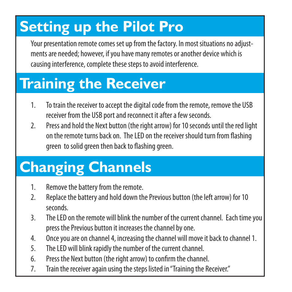 Setting up the pilot pro, Training the receiver changing channels | SMK-Link Electronics Presentation Pilot Pro User Manual | Page 4 / 8