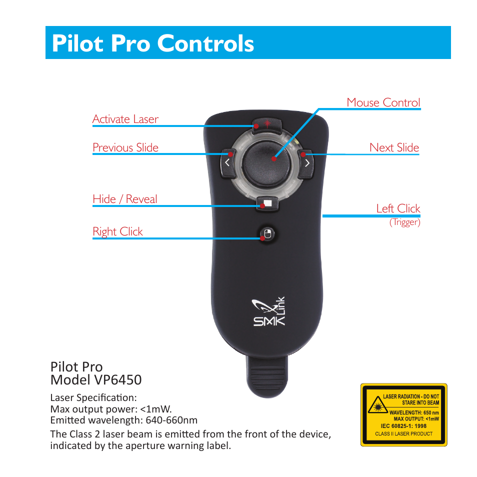 Pilot pro controls, Pilot pro model vp6450 | SMK-Link Electronics Presentation Pilot Pro User Manual | Page 5 / 8
