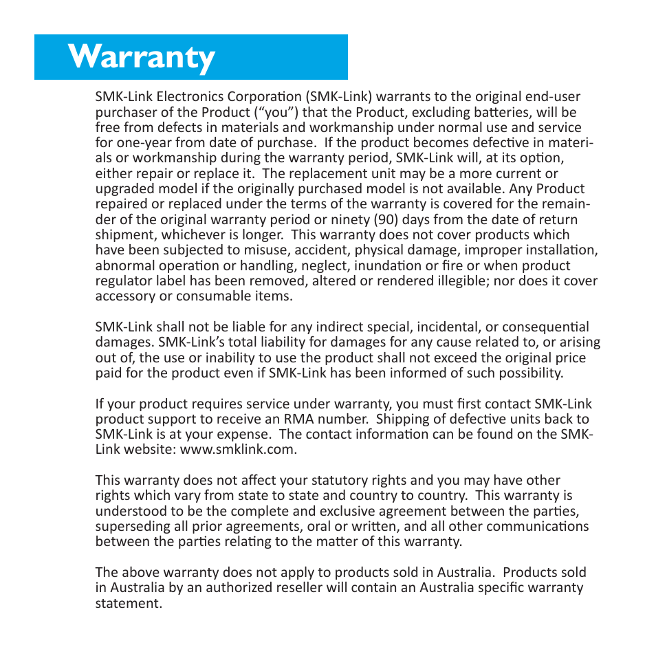 Warranty | SMK-Link Electronics Presentation Pilot Pro User Manual | Page 6 / 8