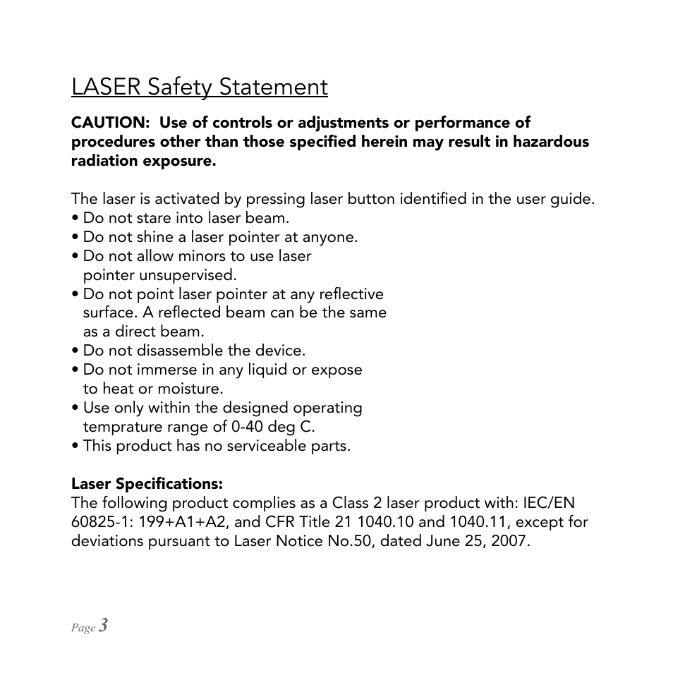 Laser safety statement | SMK-Link Electronics RemotePoint Emerald Presenter User Manual | Page 4 / 12