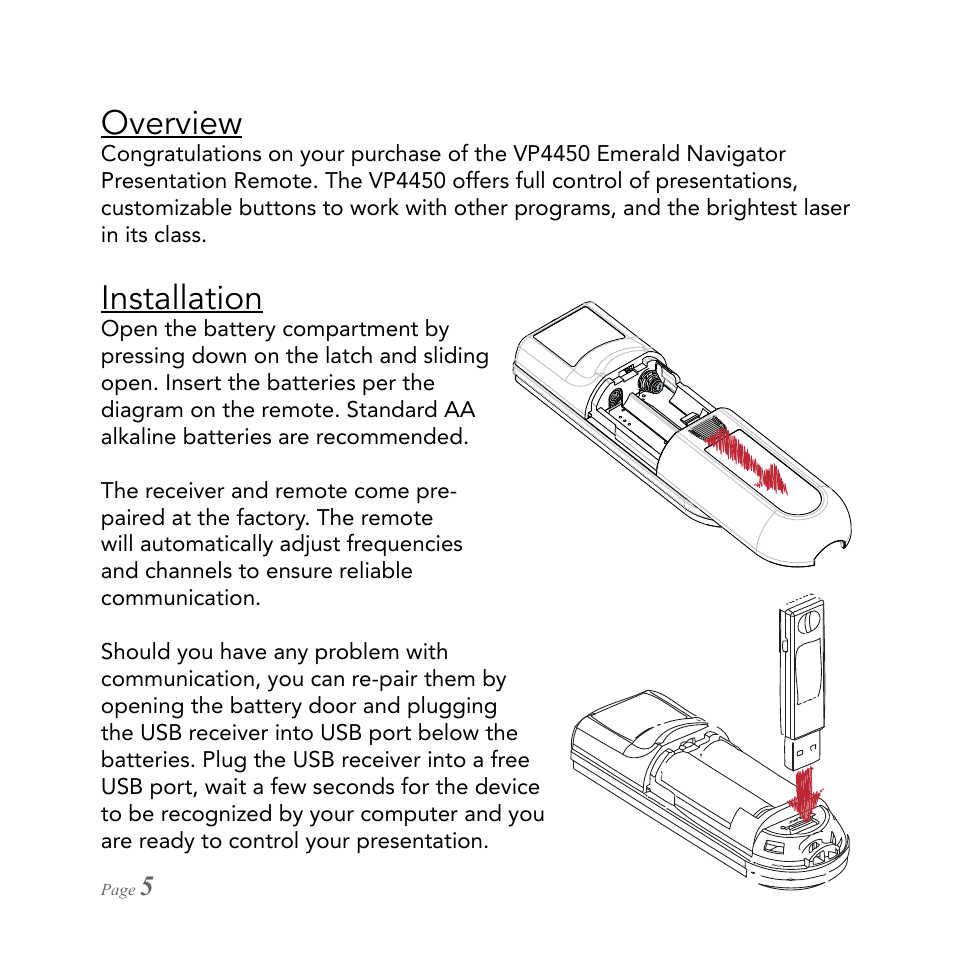 Overview, Installation | SMK-Link Electronics RemotePoint Emerald Presenter User Manual | Page 6 / 12