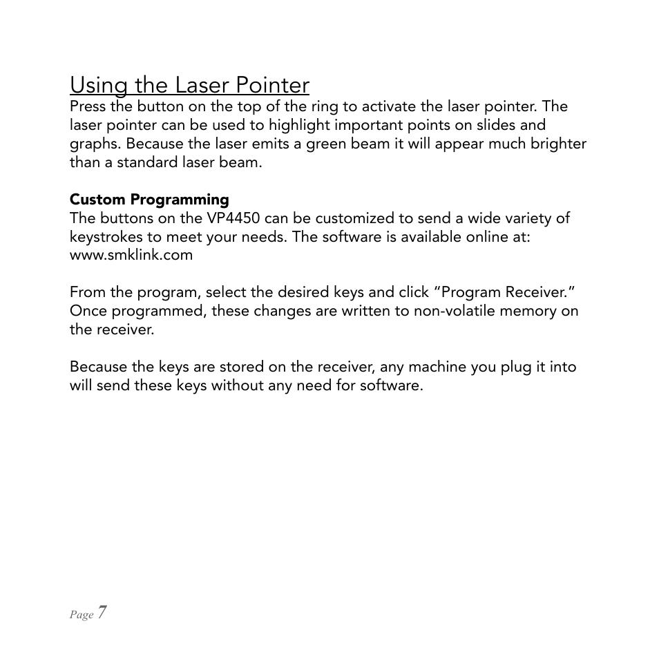 Using the laser pointer | SMK-Link Electronics RemotePoint Emerald Presenter User Manual | Page 8 / 12