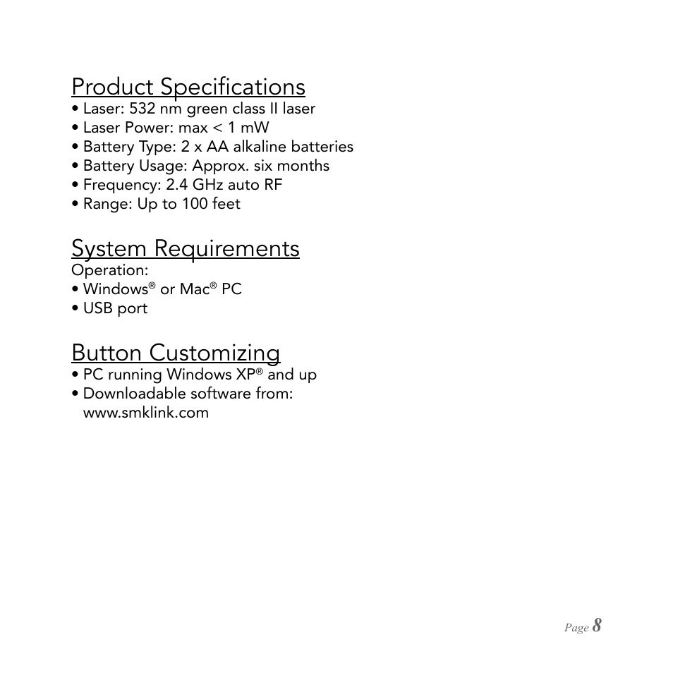 Product specifications, System requirements, Button customizing | SMK-Link Electronics RemotePoint Emerald Presenter User Manual | Page 9 / 12
