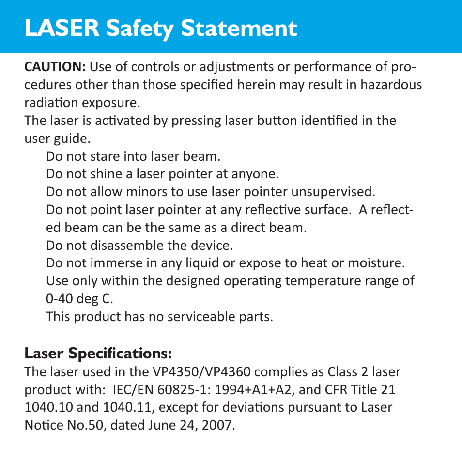 Laser safety statement | SMK-Link Electronics RemotePoint Global Presenter User Manual | Page 2 / 8