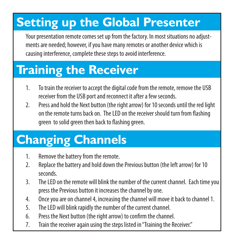 Setting up the global presenter, Training the receiver changing channels | SMK-Link Electronics RemotePoint Global Presenter User Manual | Page 4 / 8