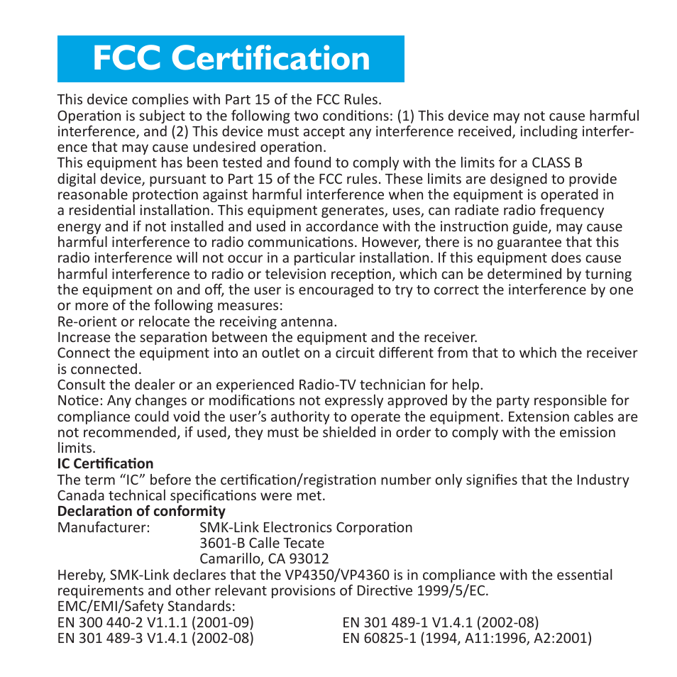 Fcc certification | SMK-Link Electronics RemotePoint Global Presenter User Manual | Page 7 / 8
