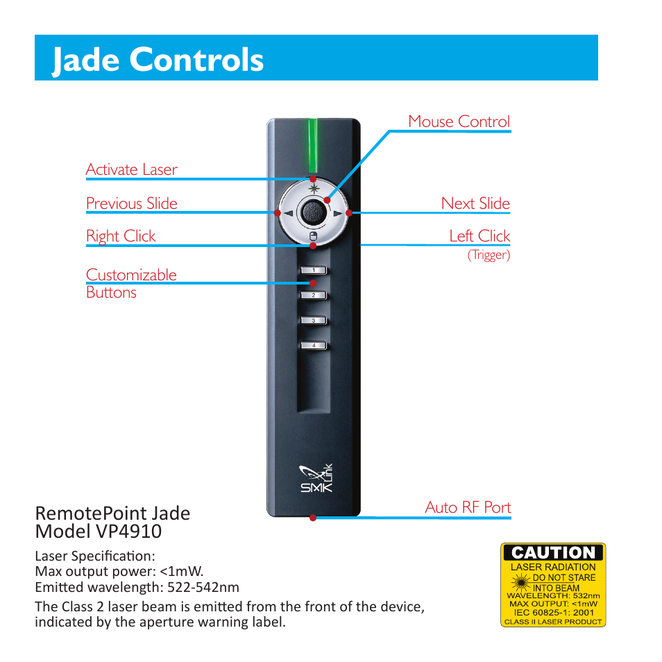 Jade controls, Remotepoint jade model vp4910 | SMK-Link Electronics RemotePoint Jade Presenter User Manual | Page 4 / 8