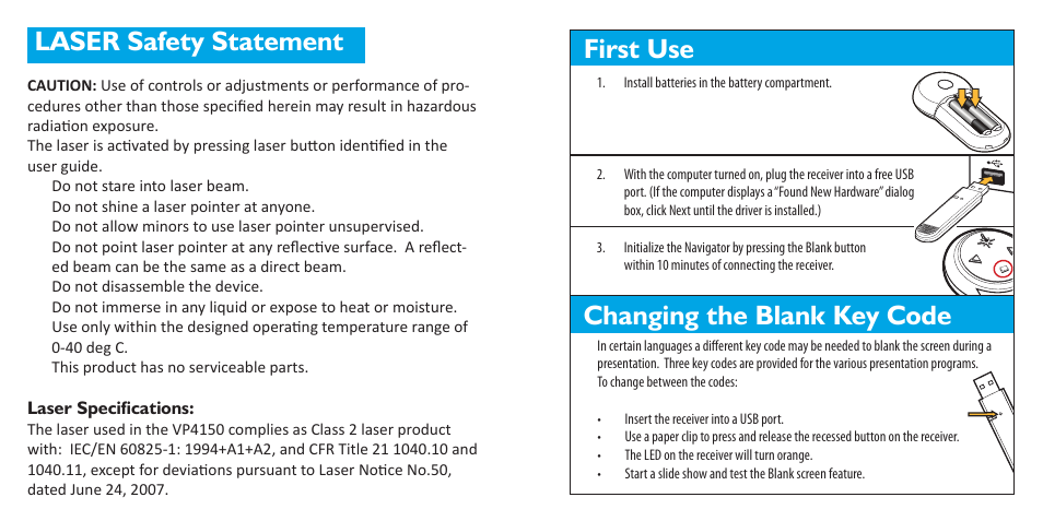 Laser safety statement, First use changing the blank key code | SMK-Link Electronics RemotePoint Navigator User Manual | Page 2 / 5