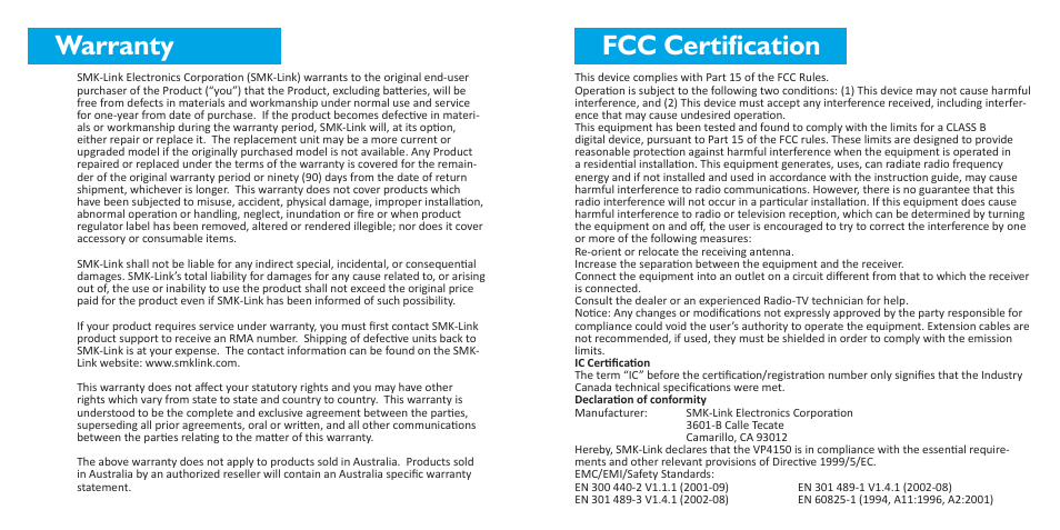 Warranty, Fcc certification | SMK-Link Electronics RemotePoint Navigator User Manual | Page 4 / 5