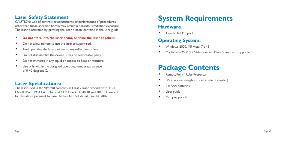 System requirements, Package contents, Hardware | Operating system, Laser safety statement, Laser specifications | SMK-Link Electronics RemotePoint Ruby Presenter User Manual | Page 2 / 9
