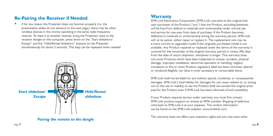 Warranty, Re-pairing the receiver if needed | SMK-Link Electronics RemotePoint Ruby Presenter User Manual | Page 5 / 9